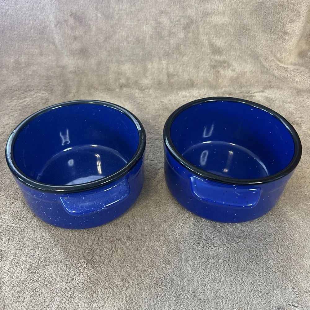 Von Pok & Chang Royal Blue Soup Bowls Stoneware‎ w/Black Rim Set of 2